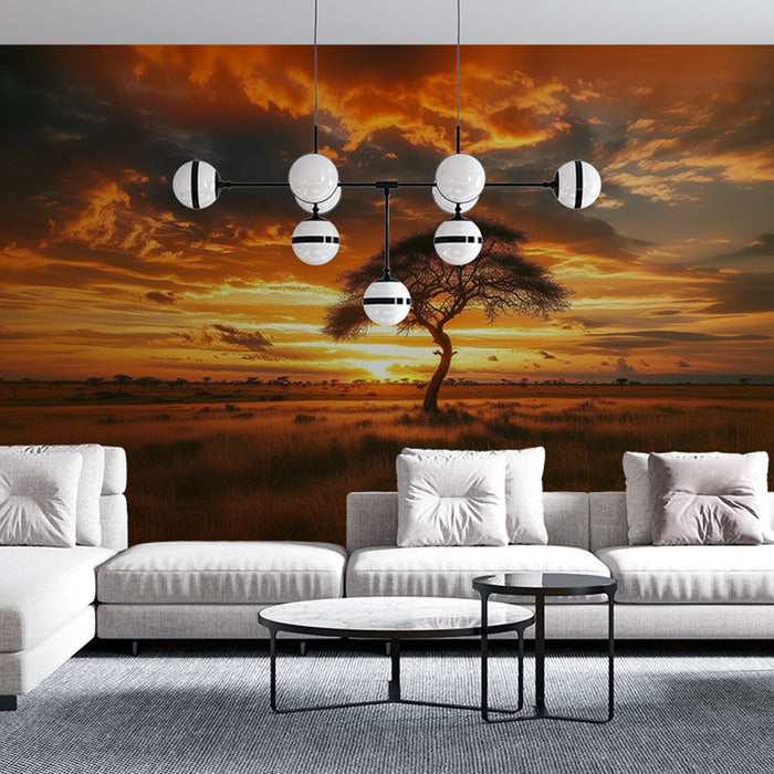 Papier peint savane | Arbre solitaire au soleil couchant