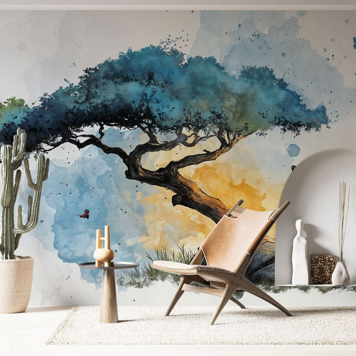 Papier peint arbre aquarelle | Illustration artistique avec papillons