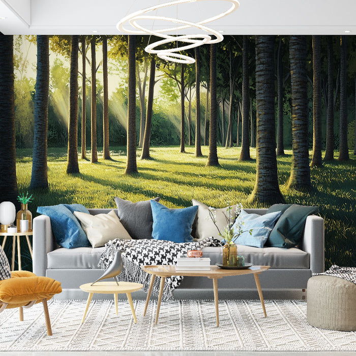 Papier peint forêt lumineuse avec arbres verts pour salon moderne et élégant