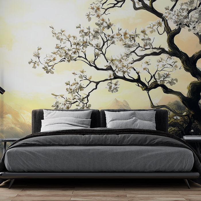 Papier peint mural avec arbre fleuri et branches noires pour chambre moderne et élégante