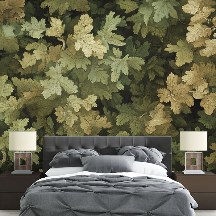 Papier peint feuilles | Feuillage dense vert et or