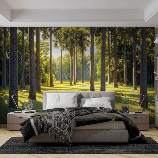 Papier peint panoramique forêt tropicale avec palmiers pour chambre à coucher moderne