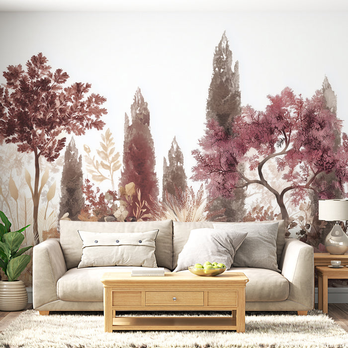 Papier peint botanique | Illustration artistique de paysage floral