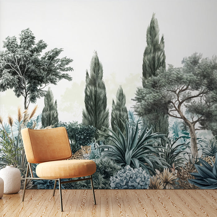 Papier peint jungle exotique | Décor végétal avec léopard