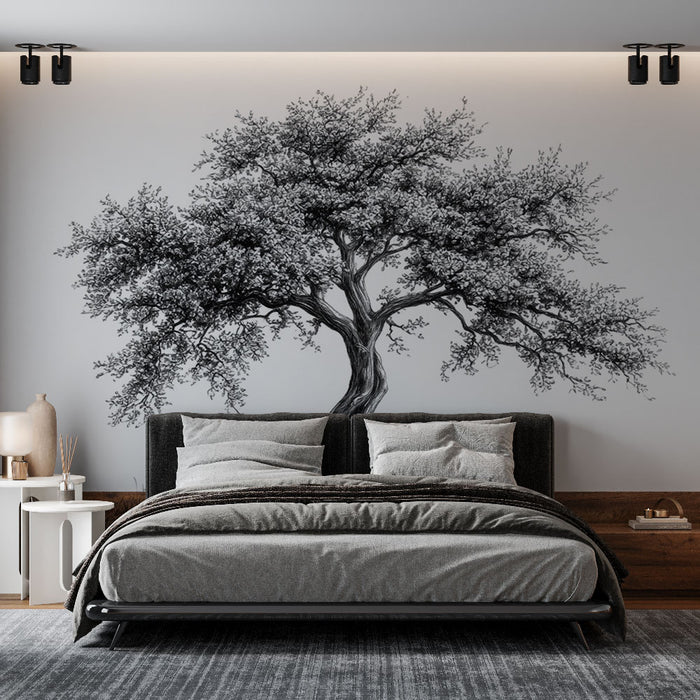 Papier peint arbre solitaire | Illustration en noir et blanc