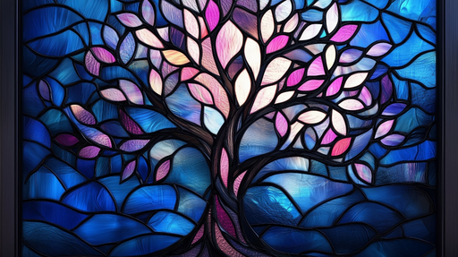 Vitrail Arbre de Vie Lumières Bleues et Violettes