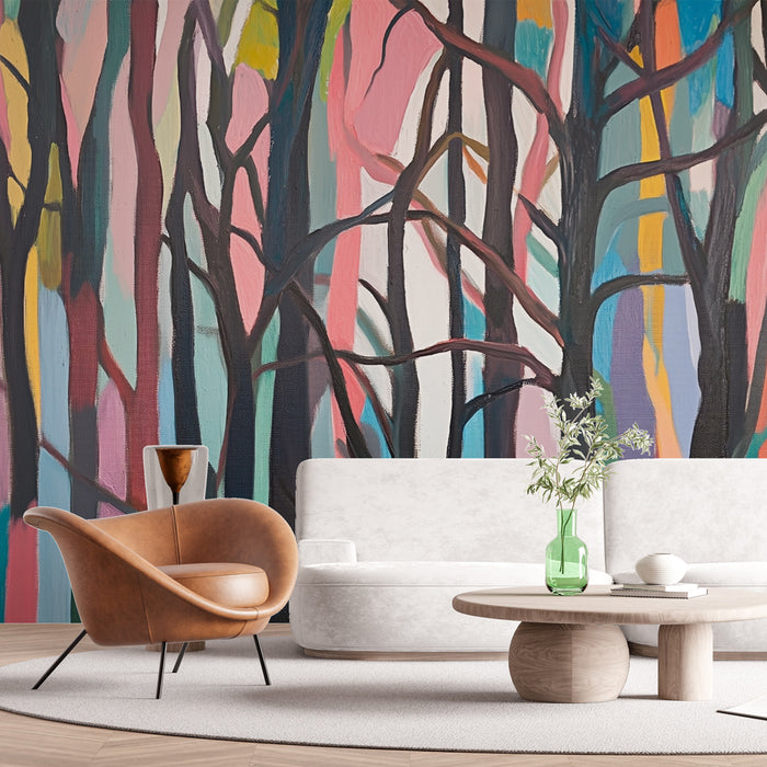 Papier peint forêt colorée | Arbres abstraits et vibrants