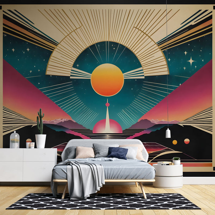 Papier peint art déco avec motifs géométriques et coucher de soleil pour chambre moderne