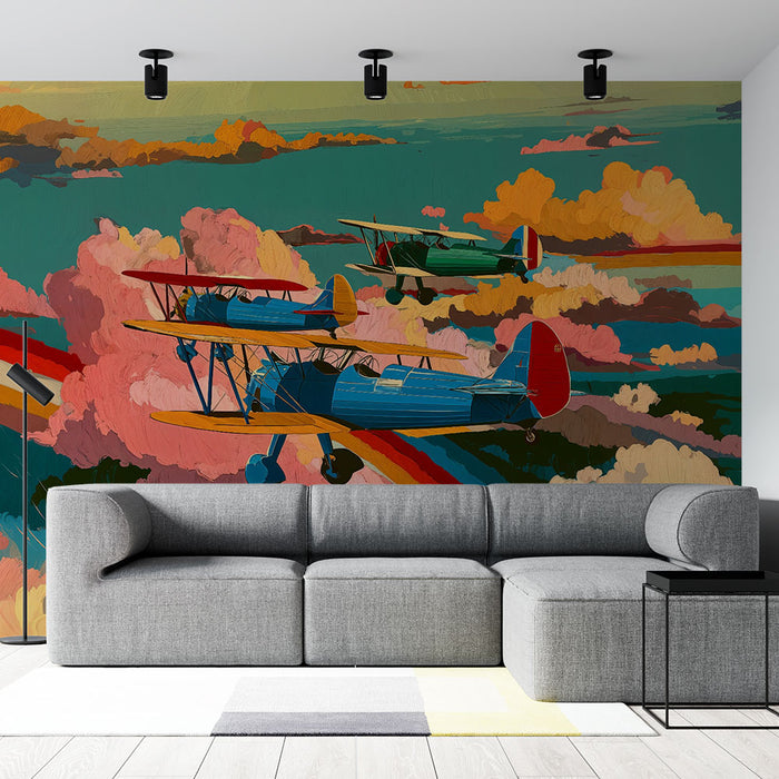 Papier peint avion rétro | Ciel coloré et nuages
