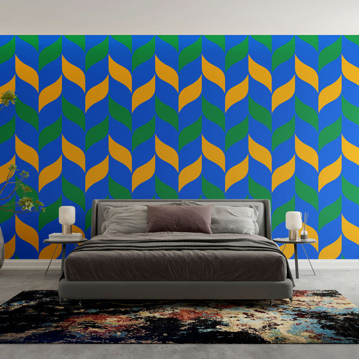 Papier peint moderne bleu et jaune avec motifs de feuilles pour chambre à coucher élégante
