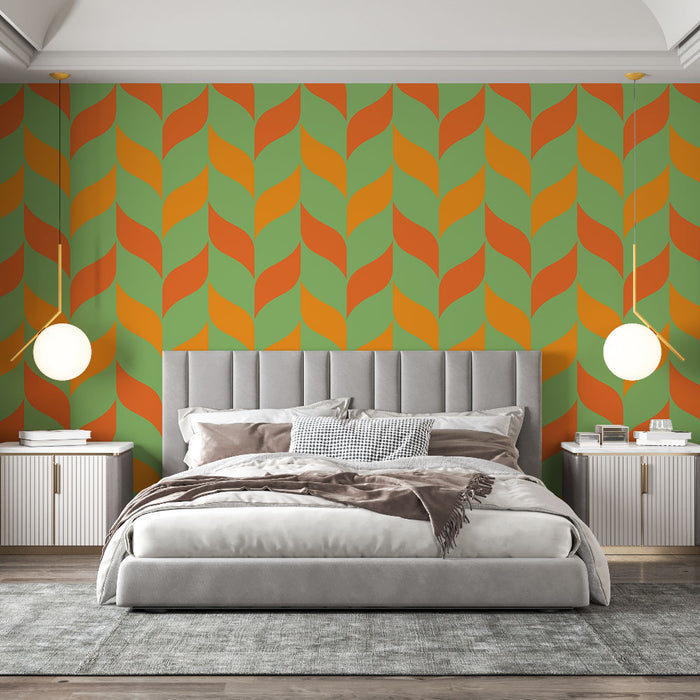 Papier peint géométrique | Motifs ondulés orange et vert