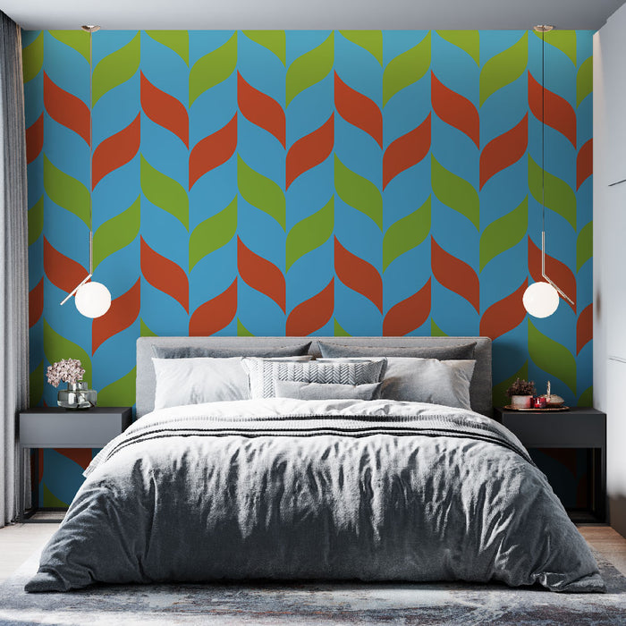 Papier peint coloré avec motifs de feuilles rouges, vertes et bleues pour chambre moderne.
