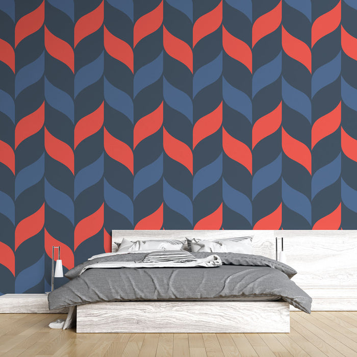 Papier peint géométrique | Motif ondulé bleu et rouge