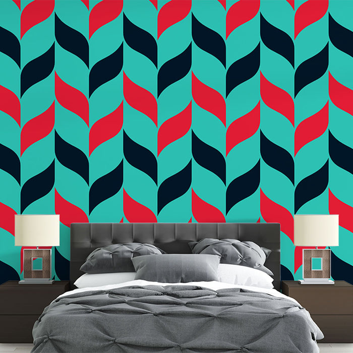 Papier peint moderne avec motifs de feuilles rouges et noires sur fond turquoise pour chambre à coucher élégante