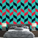 Papier peint moderne avec motifs de feuilles rouges et noires sur fond turquoise pour chambre à coucher élégante