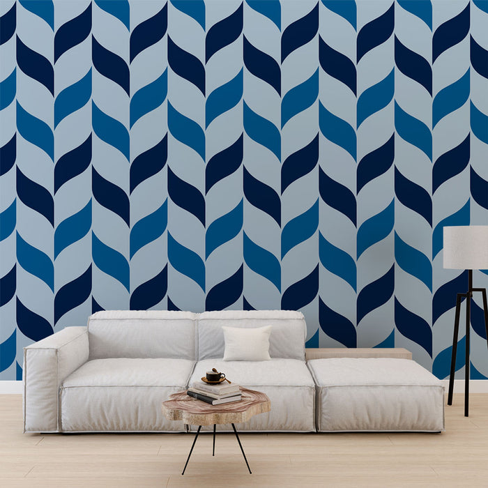 Papier peint bleu avec motif de feuilles géométriques pour salon moderne
