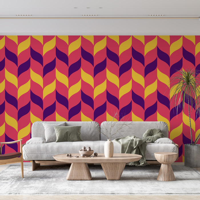 Papier peint moderne avec motifs de feuilles colorées violet et jaune pour salon contemporain.