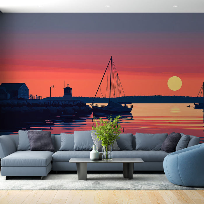 Papier peint coucher de soleil marin | Scène apaisante de port au crépuscule
