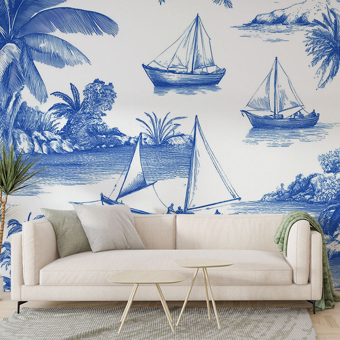 Papier peint tropical | Motif voile et palmiers bleu