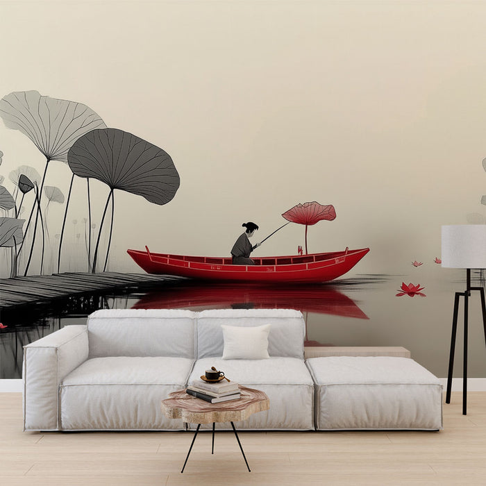 Papier peint zen | Promenade en bateau rouge sur lac de lotus