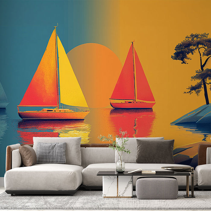 Papier peint voiliers colorés | Illustration abstraite