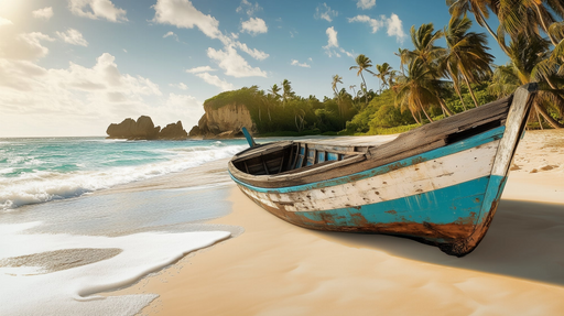 Papier peint plage exotique Bateau abandonné sur une plage tropicale
