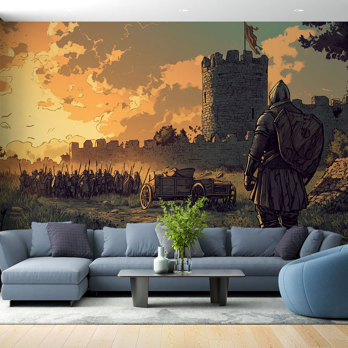Papier peint médiéval avec chevalier et château pour salon moderne, ambiance épique et historique.