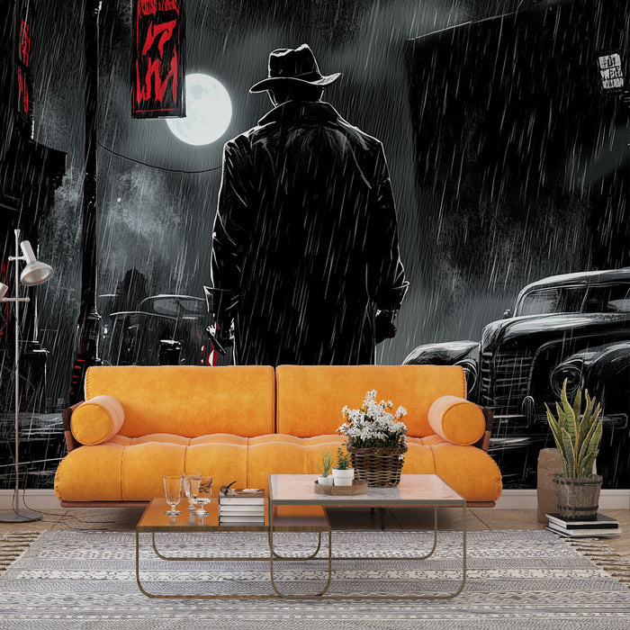 Papier peint noir et blanc avec détective sous la pluie pour salon moderne et élégant