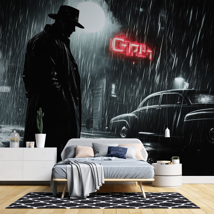 Papier peint noir et blanc style film noir avec détective sous la pluie pour chambre moderne