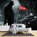 Papier peint noir et blanc style film noir avec détective sous la pluie pour chambre moderne