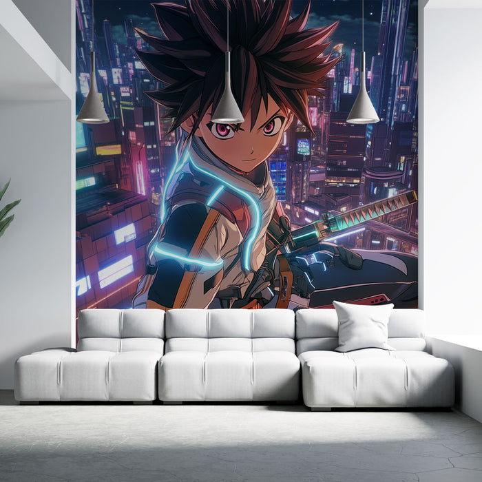 Papier peint mural futuriste avec personnage animé et ville néon pour salon moderne