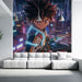 Papier peint mural futuriste avec personnage animé et ville néon pour salon moderne