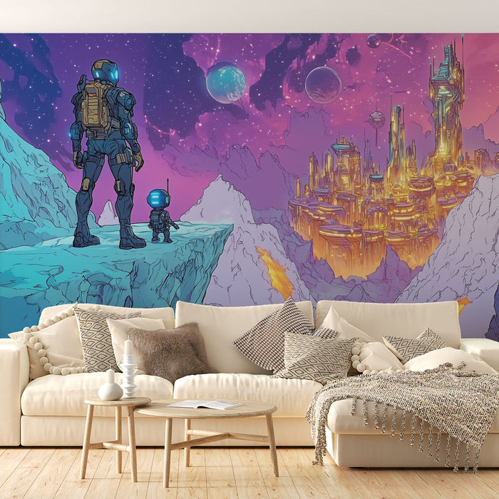 Papier peint science-fiction avec paysage galactique et robots pour salon moderne