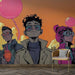 Papier peint mural design avec personnages stylisés et ballons roses pour décoration moderne de salon