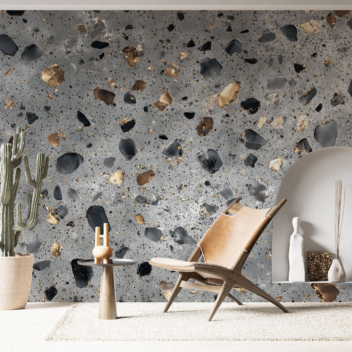 Papier peint terrazzo | Design gris avec éclats dorés