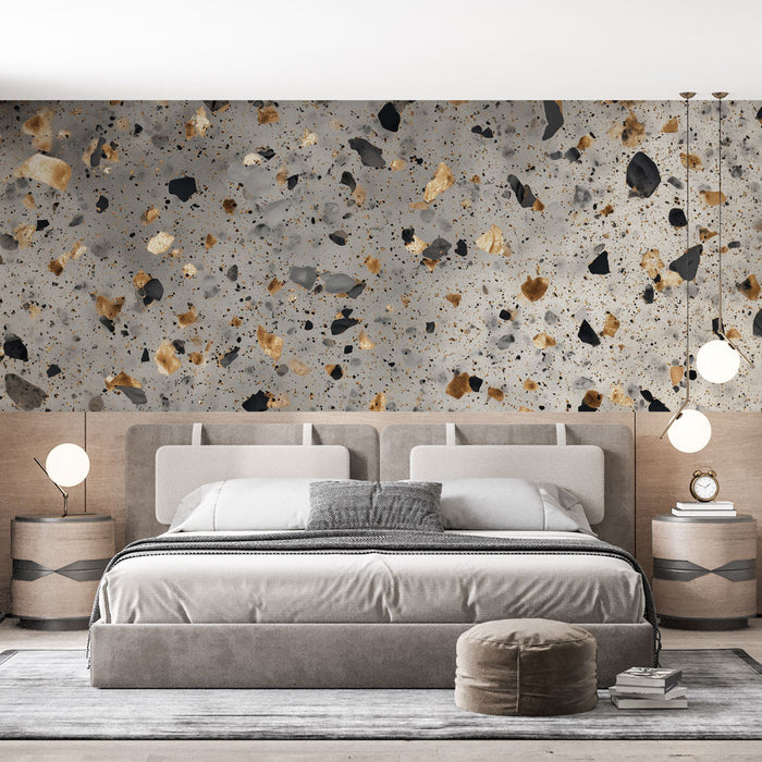 Papier peint terrazzo | Effet éclats dorés et noirs