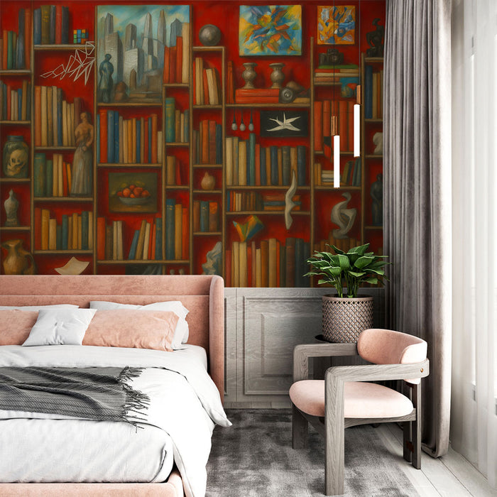 Papier peint bibliothèque | Art mural rouge et sophistiqué