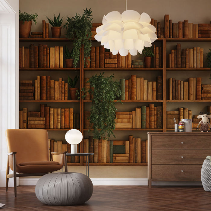 Papier peint bibliothèque | Ambiance vintage avec plantes