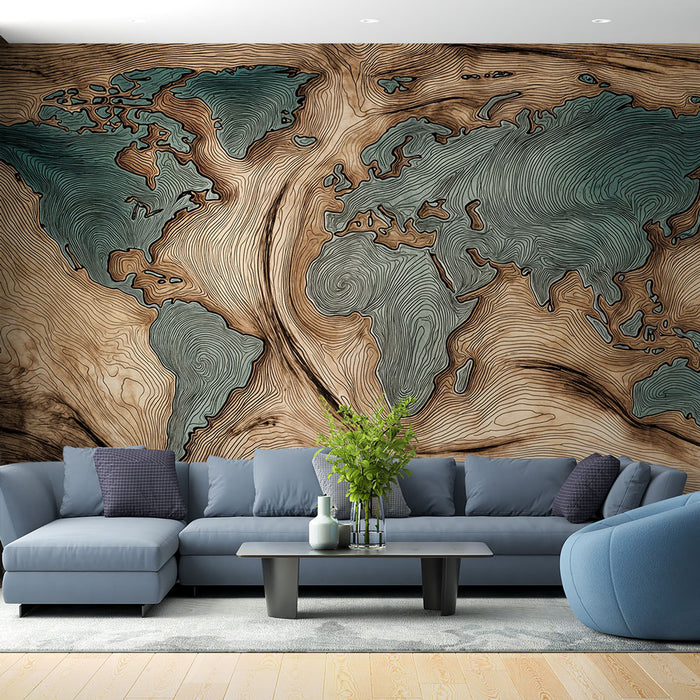 Papier peint carte du monde | Contours artistiques en tons boisés