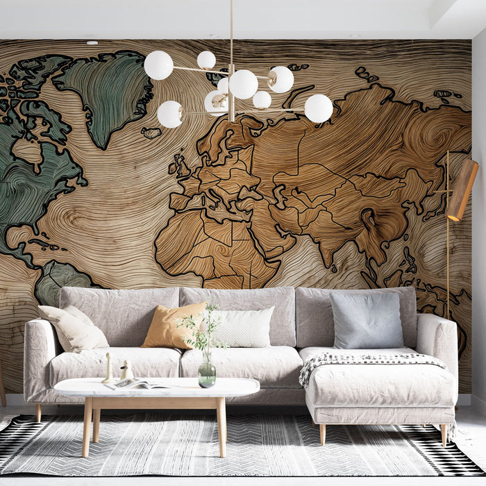 Papier peint carte du monde | Design sculpté sur du bois