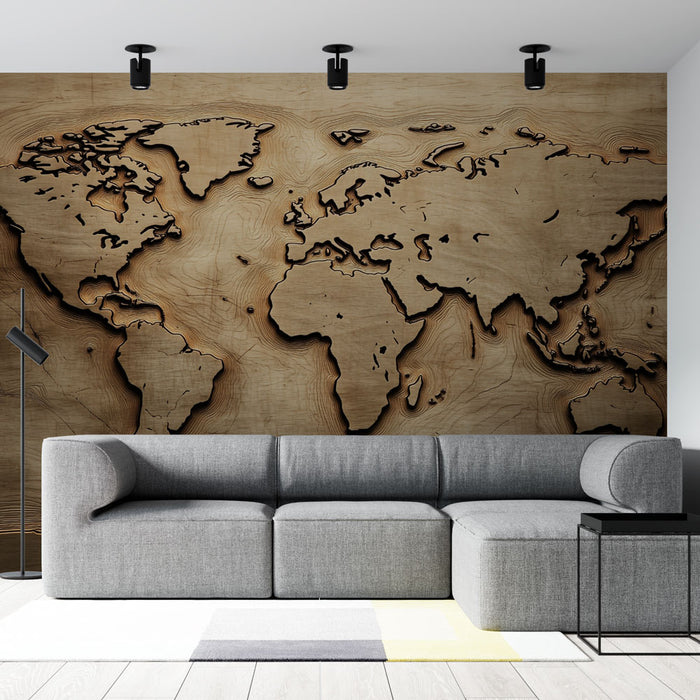 Papier peint carte du monde | Design en bois sculpté
