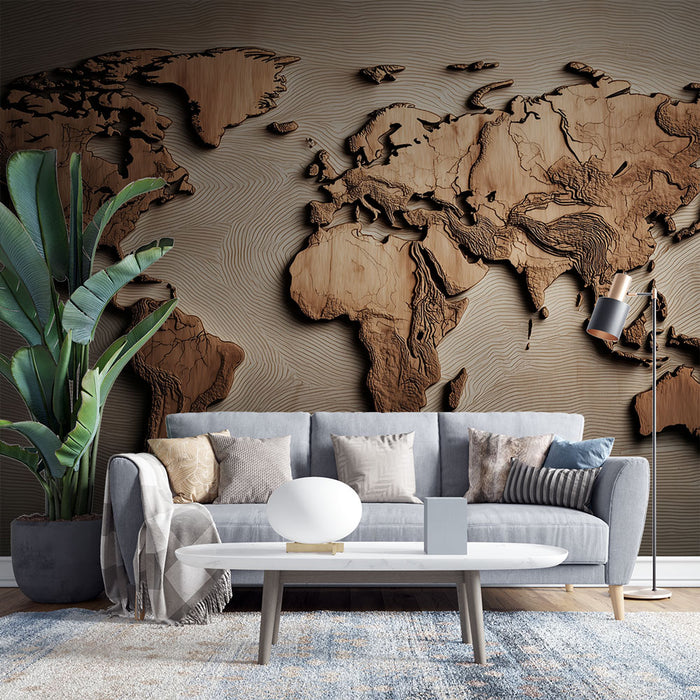Papier peint carte du monde | Design en bois sculpté