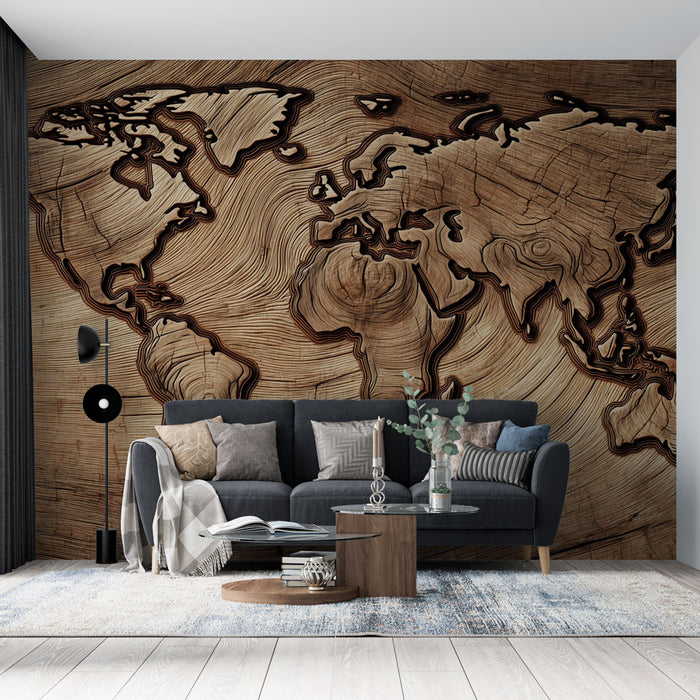 Papier peint carte du monde | Bois sculpté
