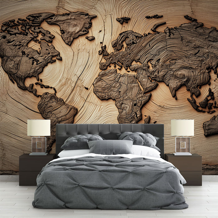Papier peint Carte du Monde en Bois | Décoration Murale Élégante