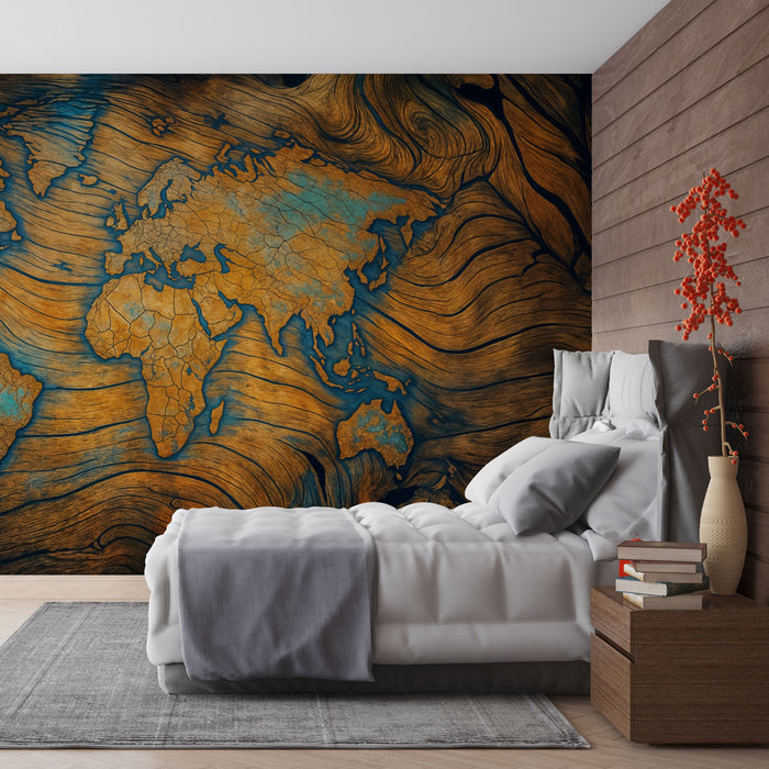 Papier peint carte du monde | Design effet bois et bleu