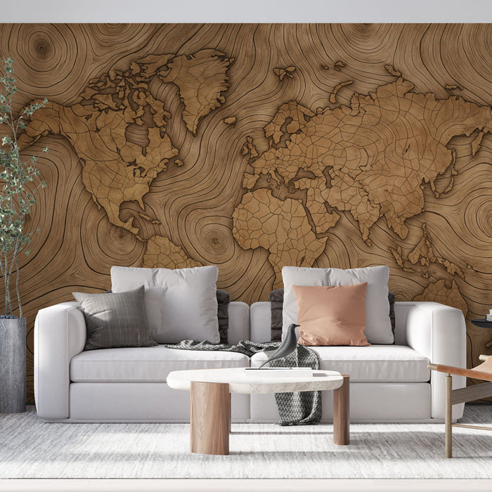 Papier peint carte du monde en bois | Décor mural en relief