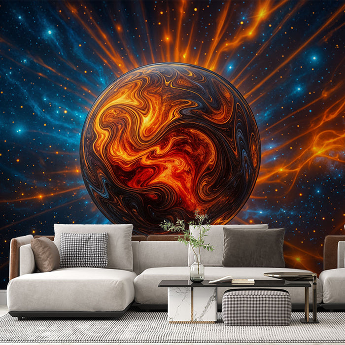 Papier peint planète ardente | Éclat cosmique et couleurs vives