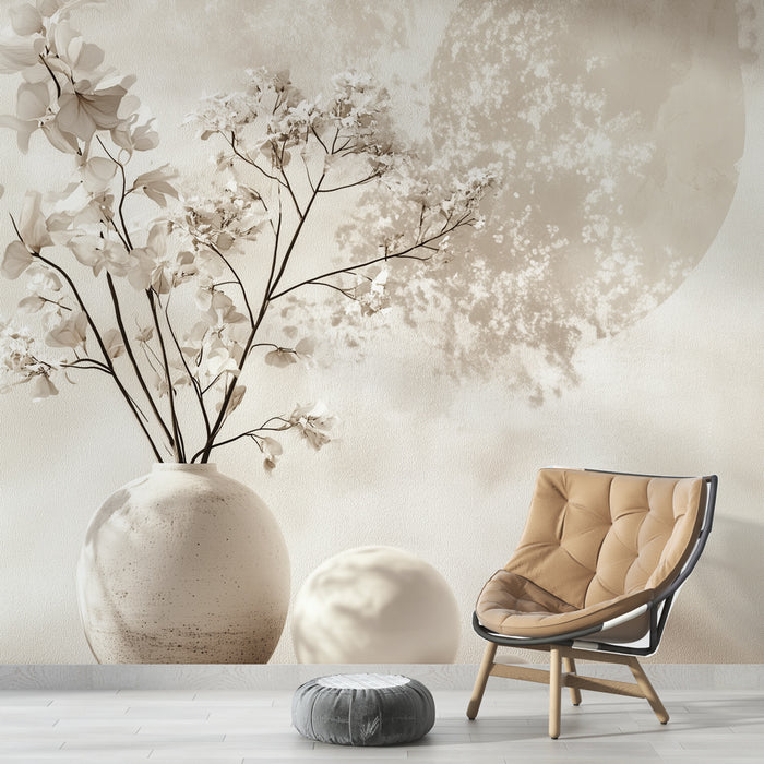 Papier peint beige avec vase et fleurs pour salon moderne et élégant