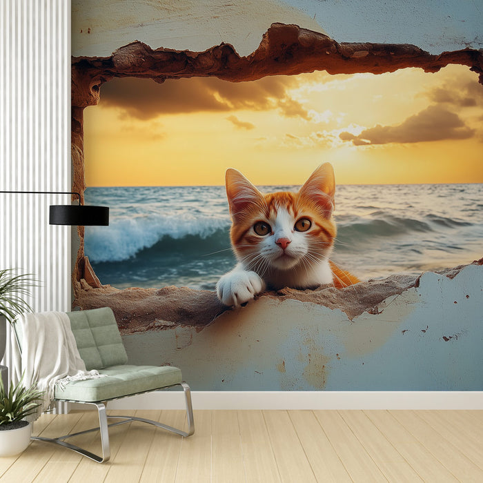 Papier peint mural avec chat roux et mer au coucher de soleil pour salon moderne
