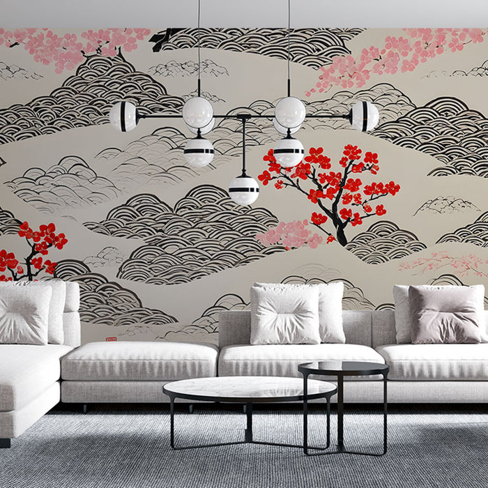 Papier peint paysage asiatique | Montagnes et fleurs traditionnelles